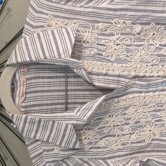 Soft Surroundings PS Top Nautical Striped Sequin Cotton Perla Beaded Embroidered - Picture 5 of 10